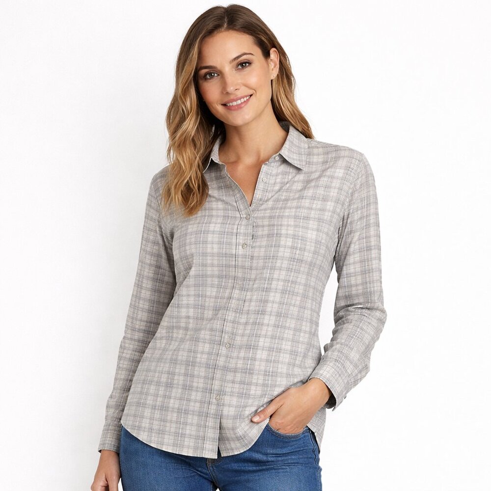 Talbots Womens Shirt Long Sleeve Button Up Plaid Non Iron Metallic Size MP